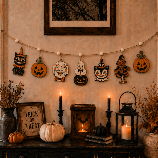 Retro Halloween Faces Wooden Garland, Black Cat Pumpkin Ghost Clown and Scarecrow