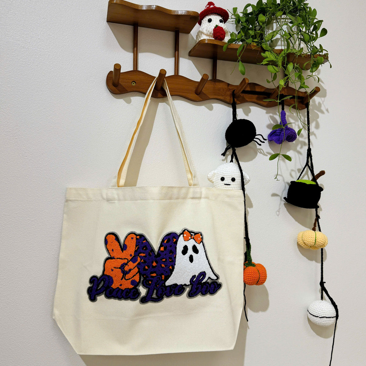 Peace Love Boo Halloween Embroidery Patch Tote Bag, Trick or Treat Totes, Halloween Bags, Spooky Season