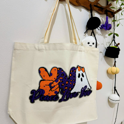 Peace Love Boo Halloween Embroidery Patch Tote Bag, Trick or Treat Totes, Halloween Bags, Spooky Season