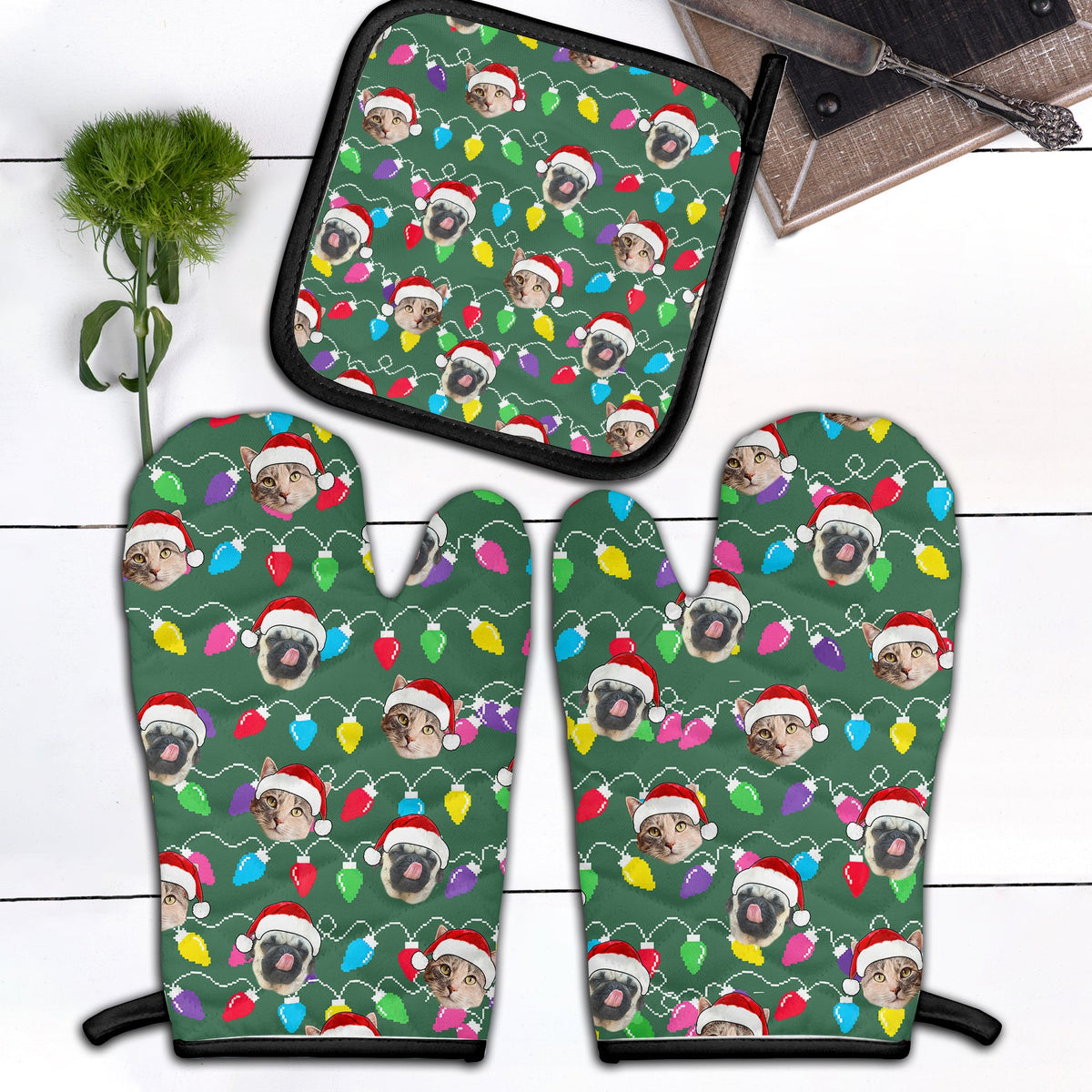 Personalized Pet Dog Cat Christmas Light Apron Oven mitt And Pot Holder Set