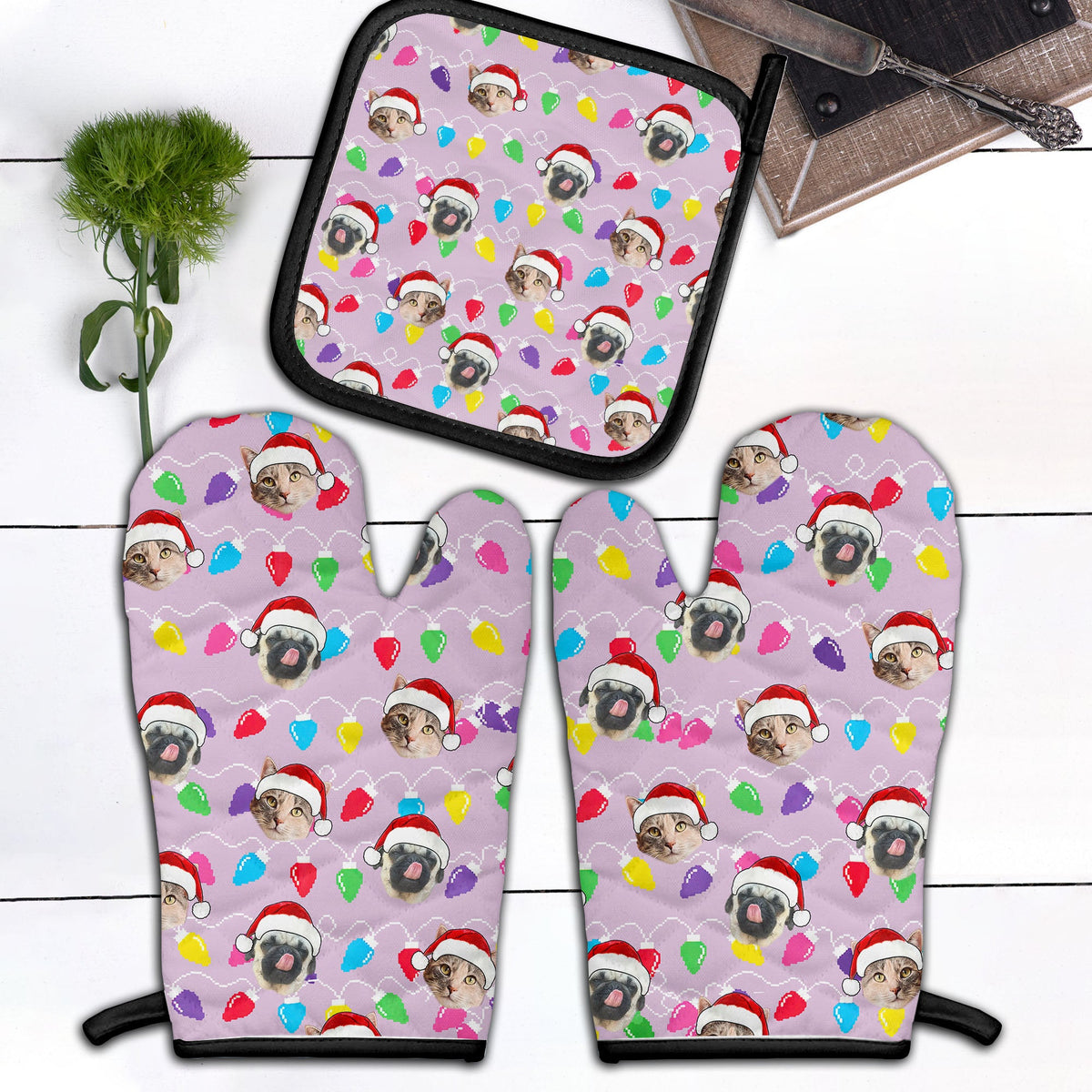 Personalized Pet Dog Cat Christmas Light Apron Oven mitt And Pot Holder Set