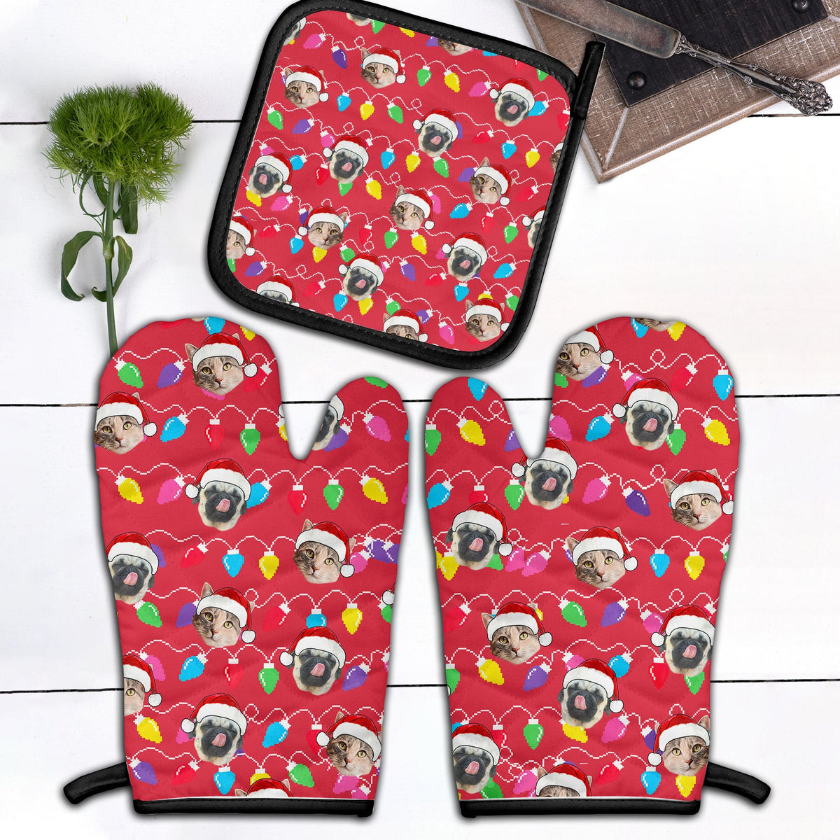 Personalized Pet Dog Cat Christmas Light Apron Oven mitt And Pot Holder Set