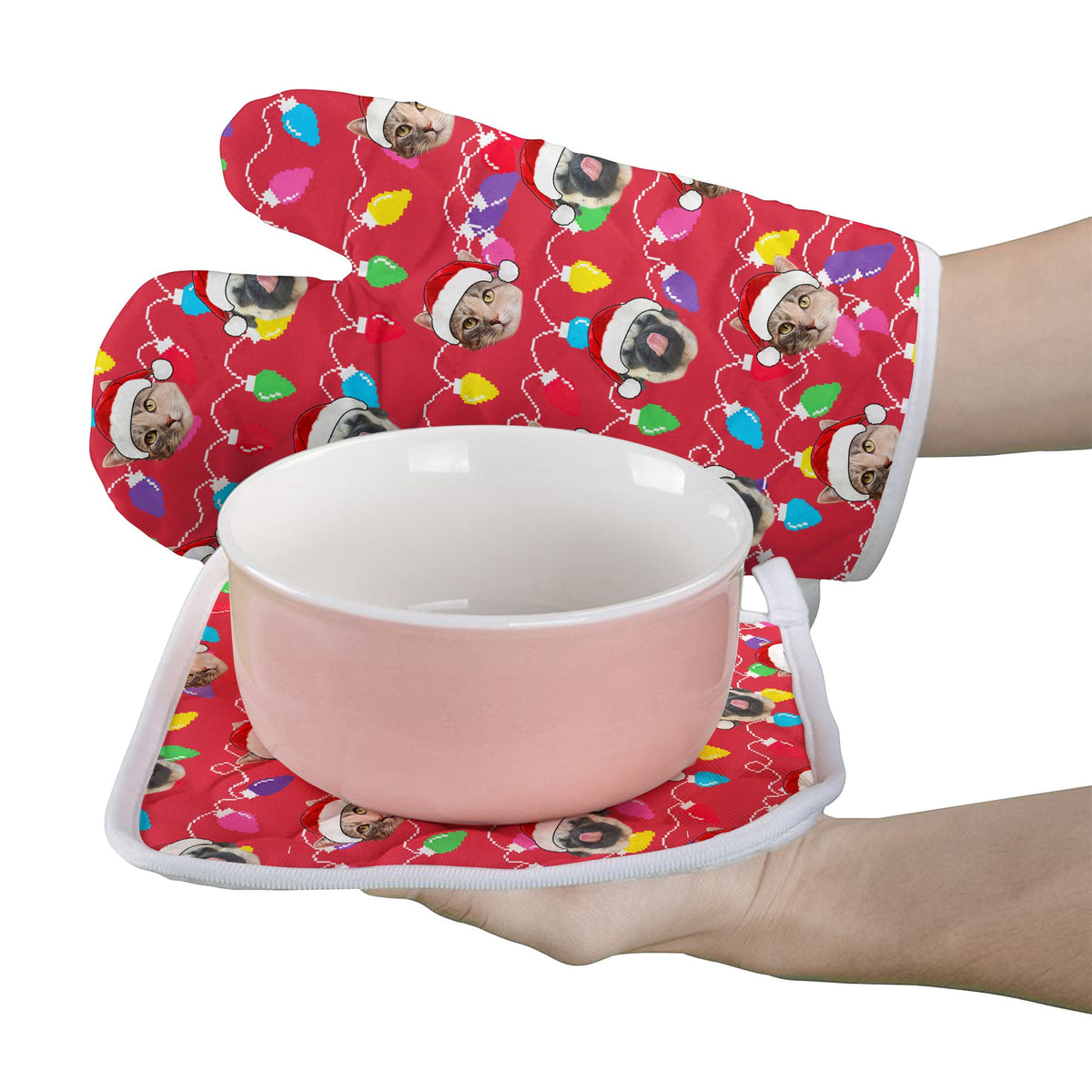 Personalized Pet Dog Cat Christmas Light Apron Oven mitt And Pot Holder Set