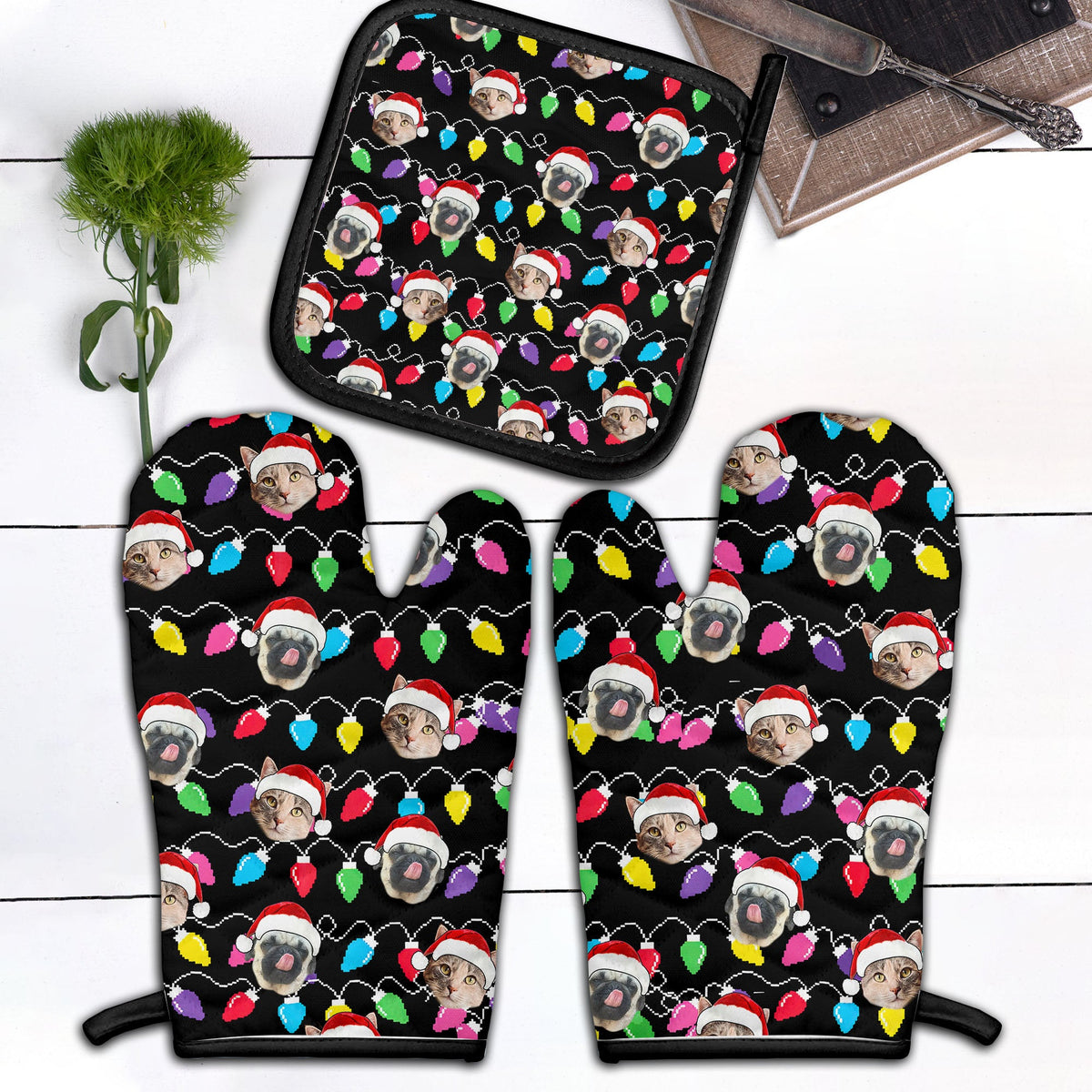 Personalized Pet Dog Cat Christmas Light Apron Oven mitt And Pot Holder Set