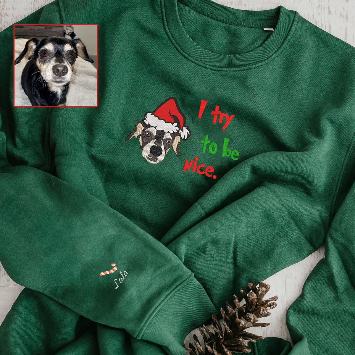 Personalized Embroidered Christmas I Try To Be Nice Pet Dog Cat Hoodie Sweatshirt T-Shirt